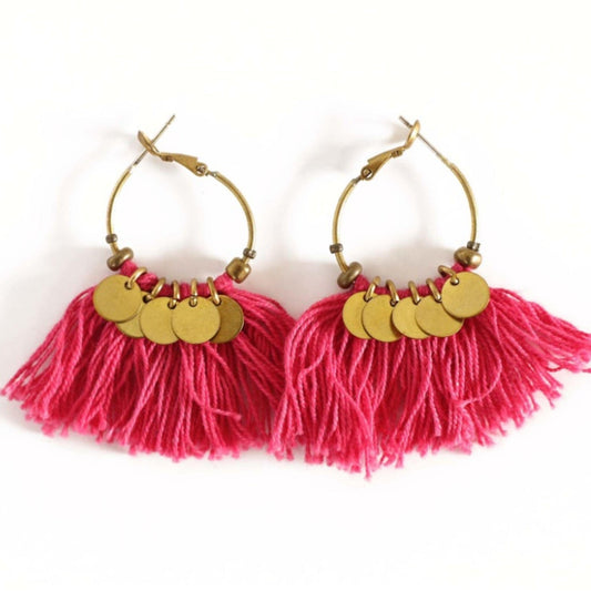 Tassel Earrings - Handmade and Fair Trade - pink tassel earrings on white background