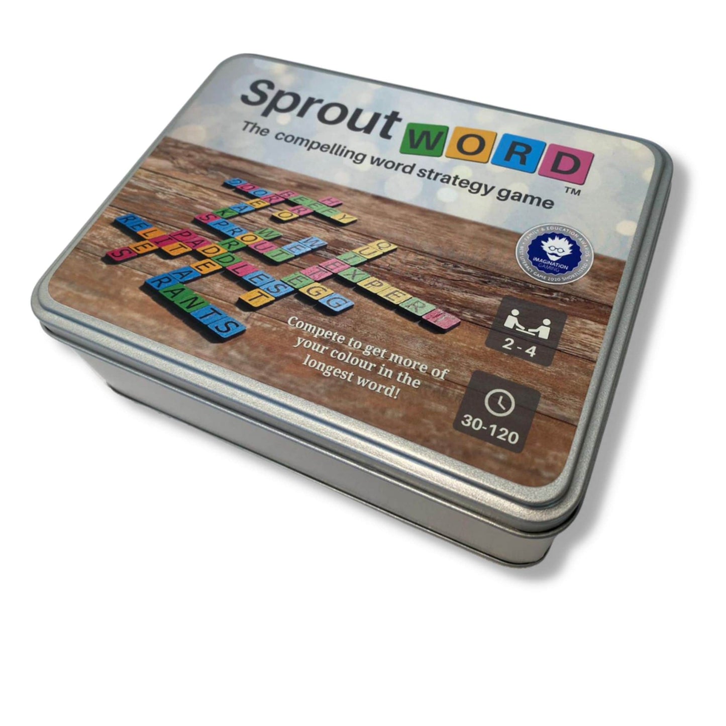 Sproutword 2 - 4 player tin from above - strategic word game