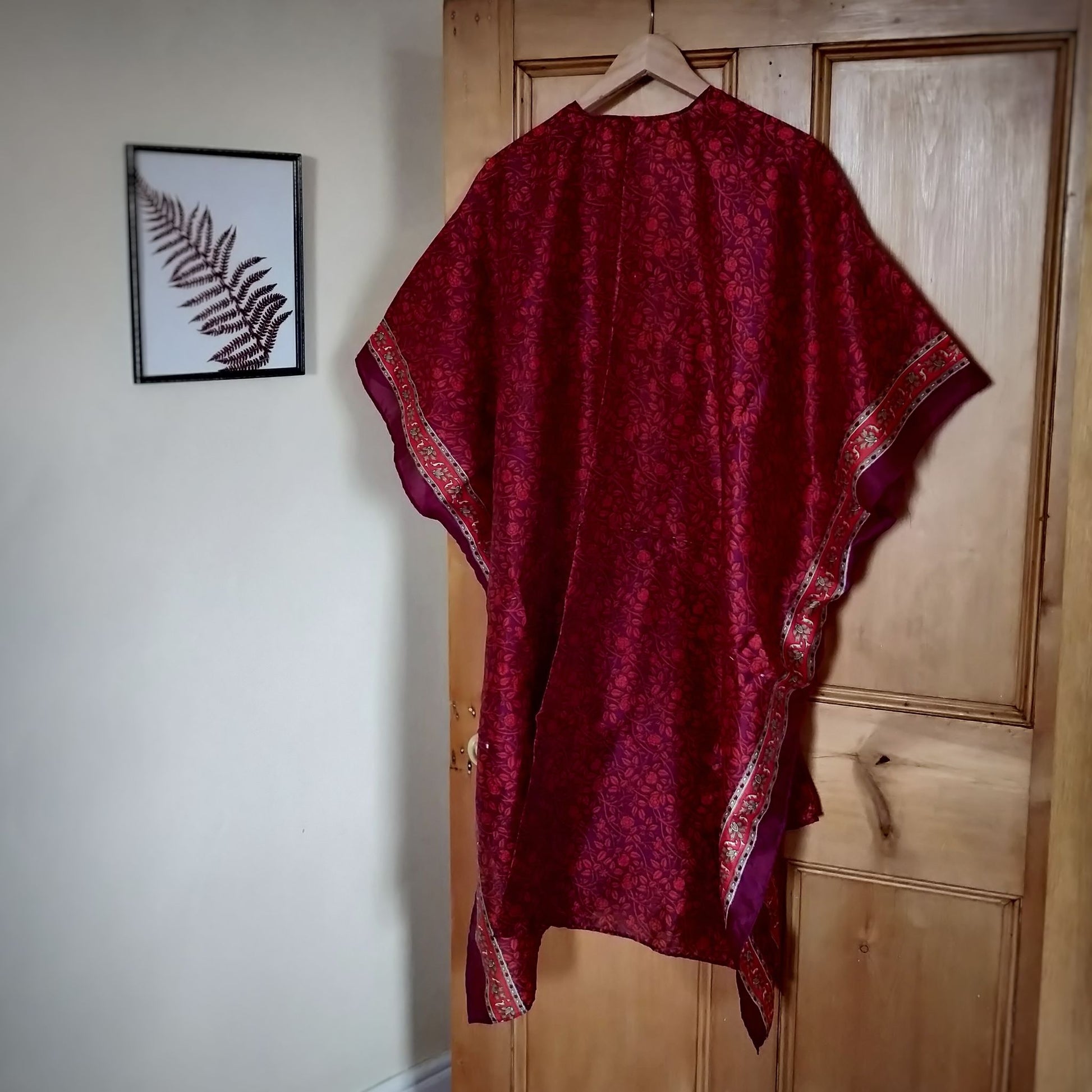 Upcycled Vintage Sari Kimono Empowering Women in India - purple flower - back