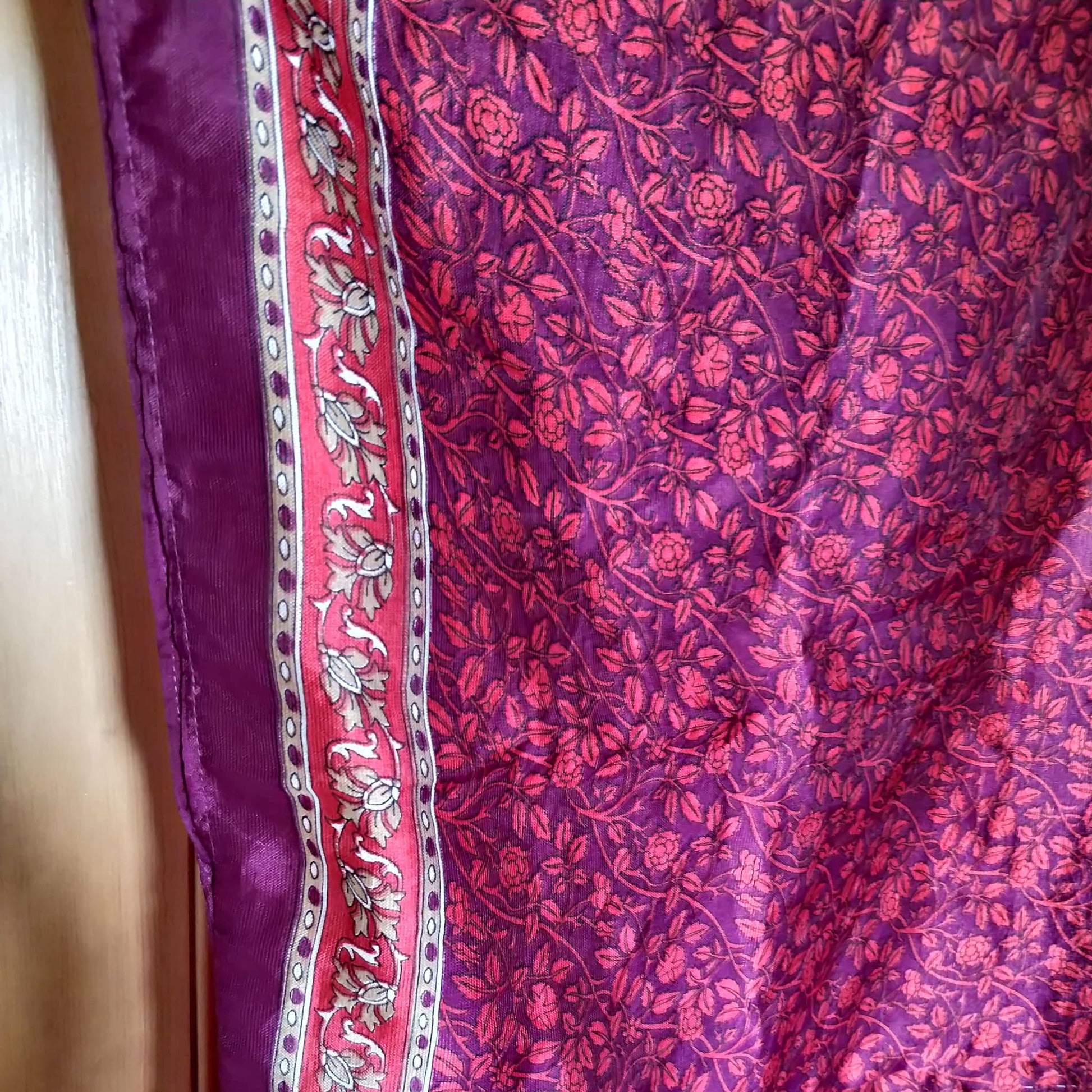 Upcycled Vintage Sari Kimono Empowering Women in India - purple flower - fabric